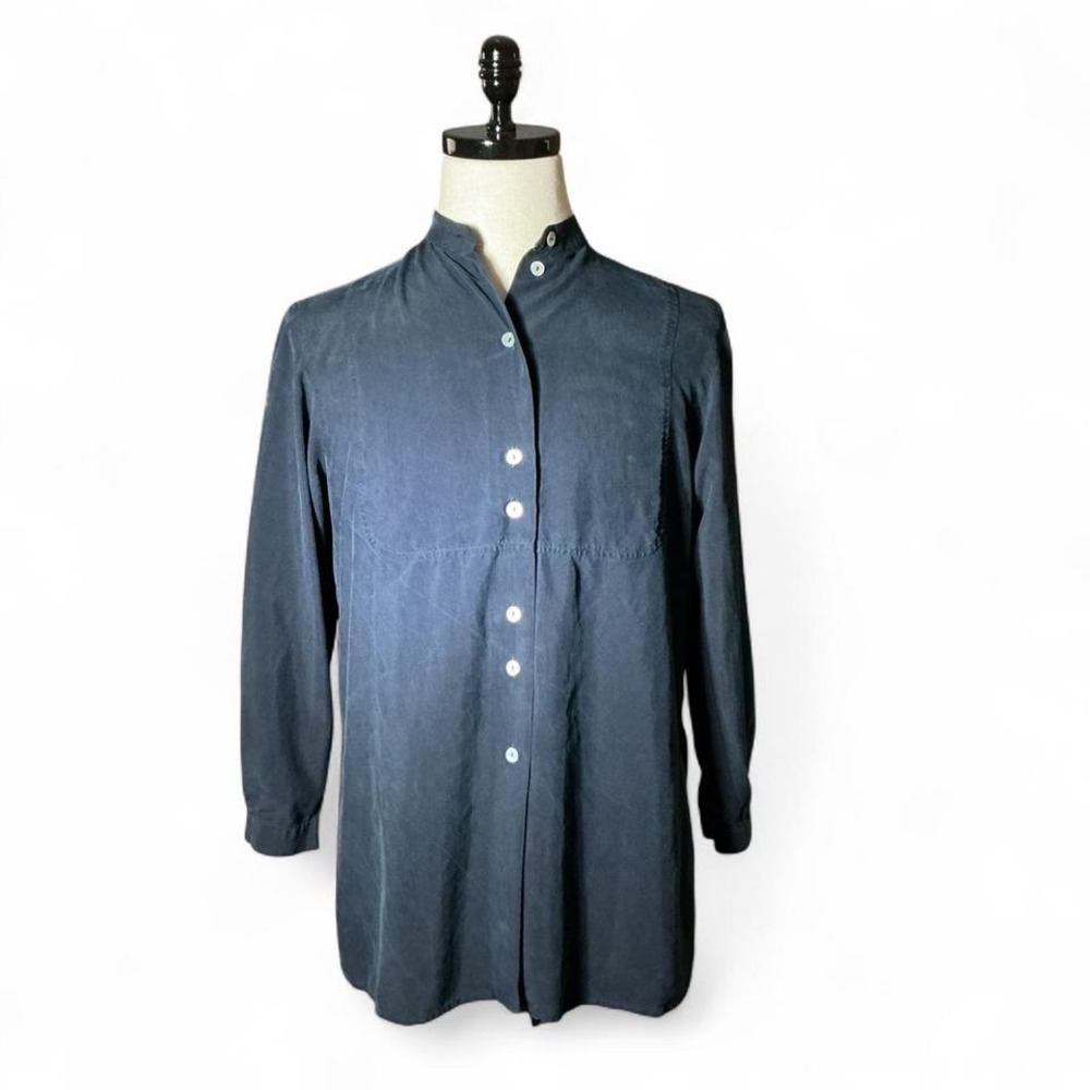 Ann Taylor‎ Silk Mandarin Collar Button Up Shirt Navy Blue Size Medium